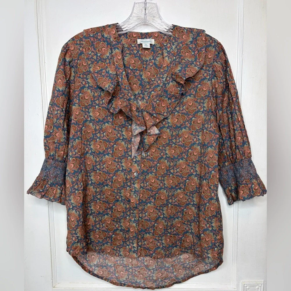Sundance Women’s XS Jeanie Floral Ruffle Blouse Top Smocked Sleeves Bohemian